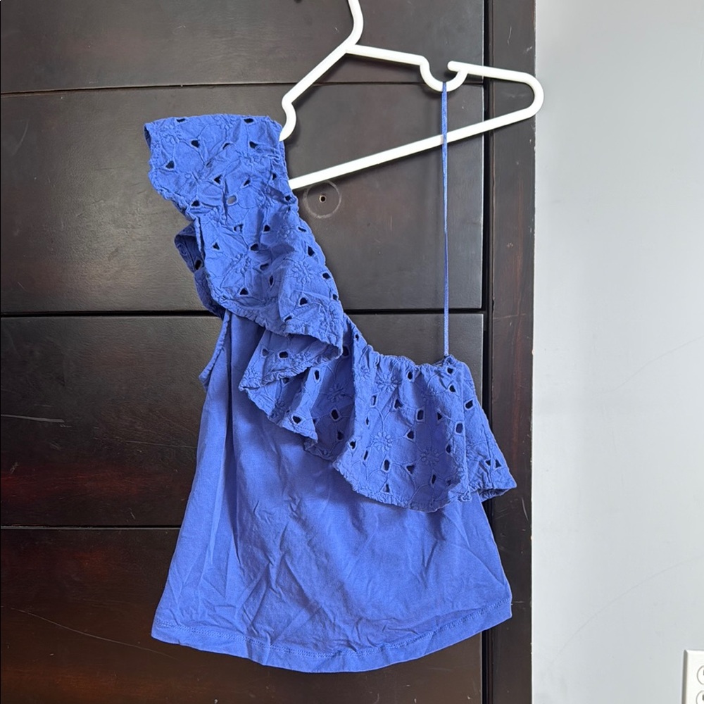 Mango Asymmetrical Ruffled Blue Blouse